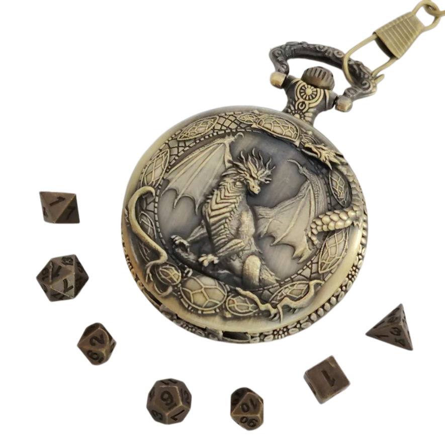Vintage Pocket Watch - Polyhedral Dice Retro Dragon Pocket Watch