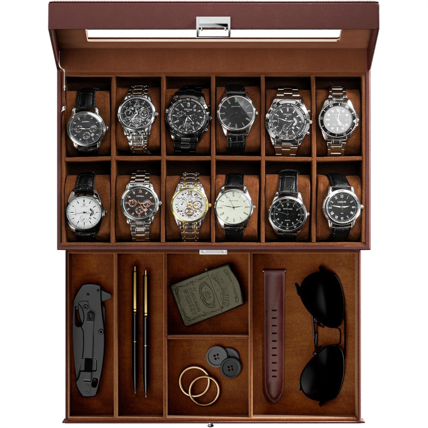 12 Slot Watch Box with Drawer, - Jewelry Watches For Men 评论和价格