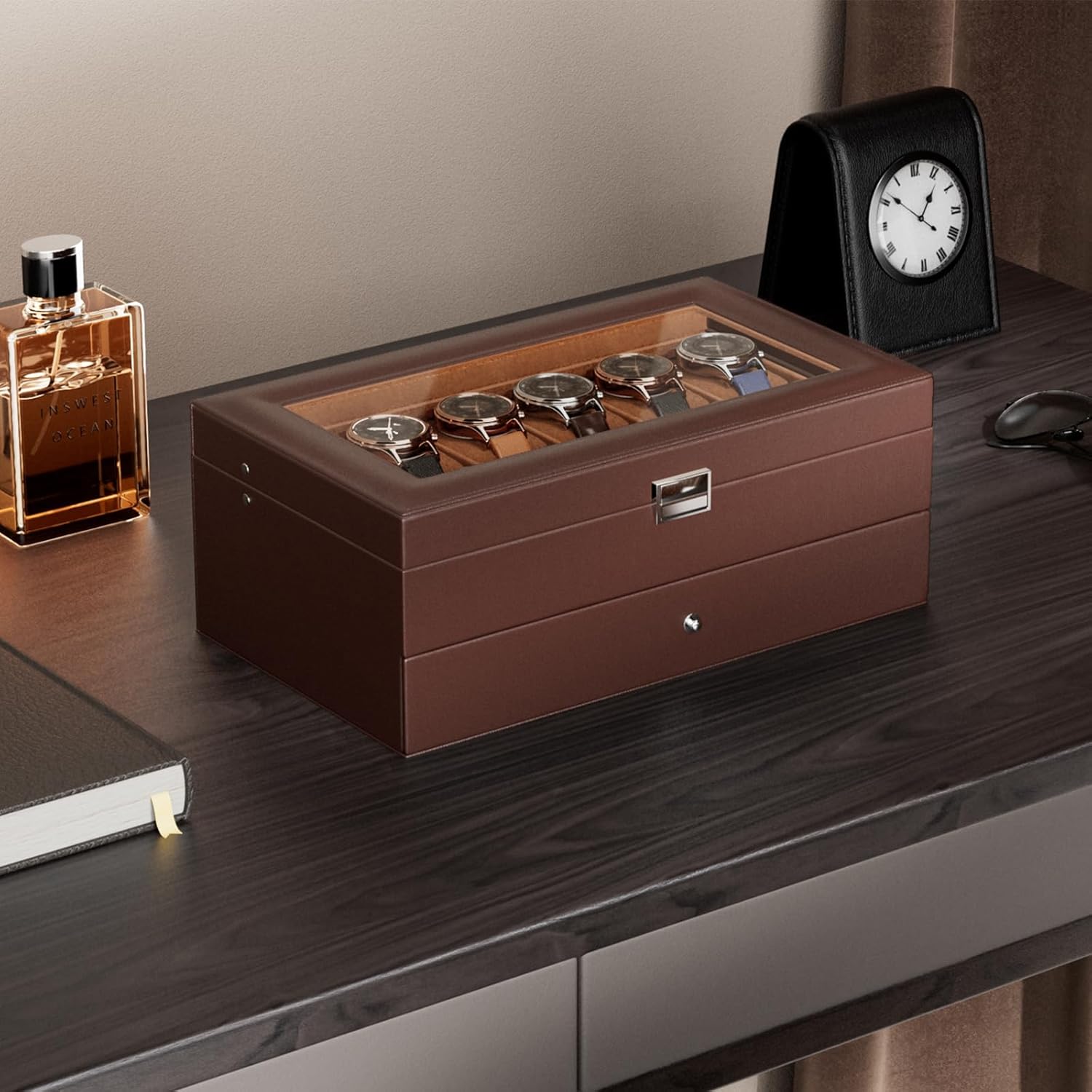 12 Slot Watch Box with Drawer, - Jewelry Watches For Men 评论和价格