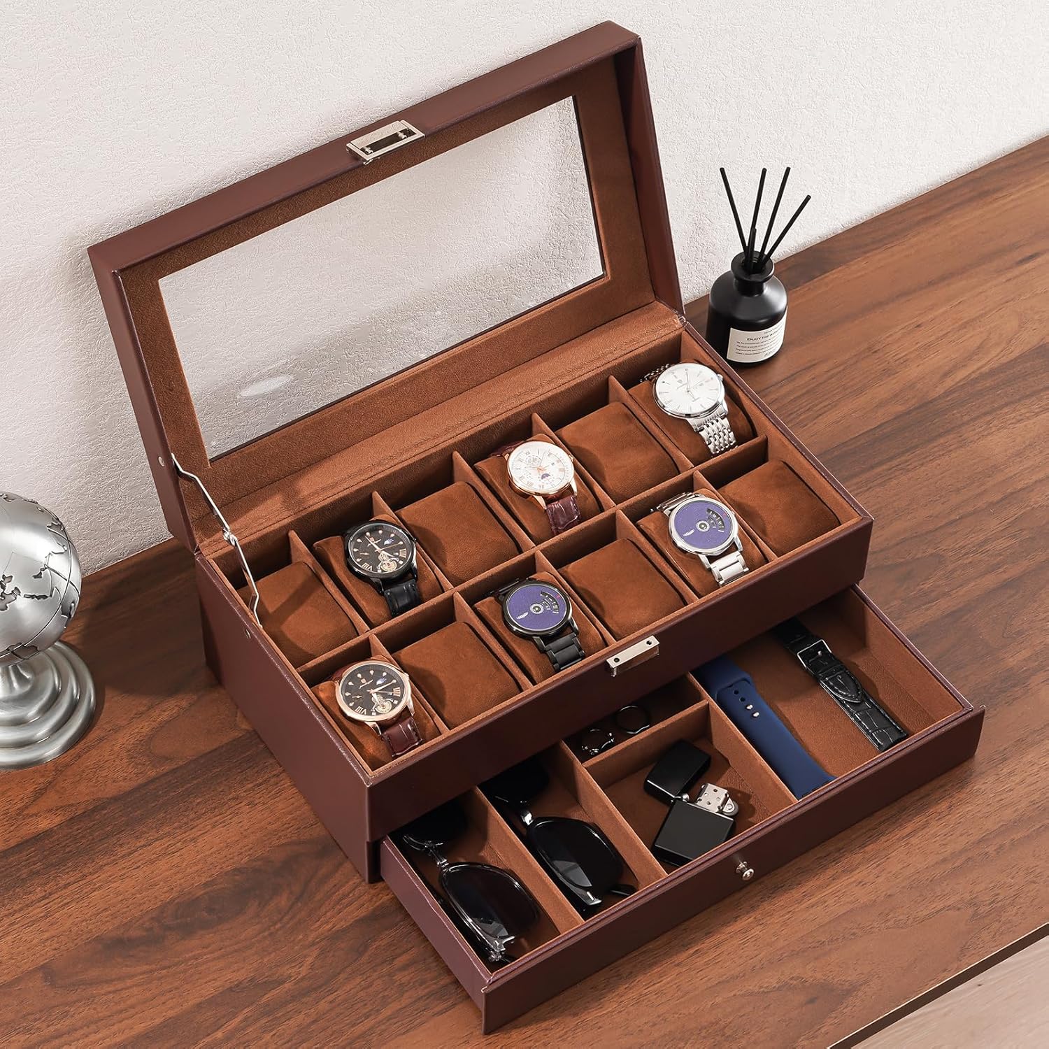 12 Slot Watch Box with Drawer, - Jewelry Watches For Men 评论和价格