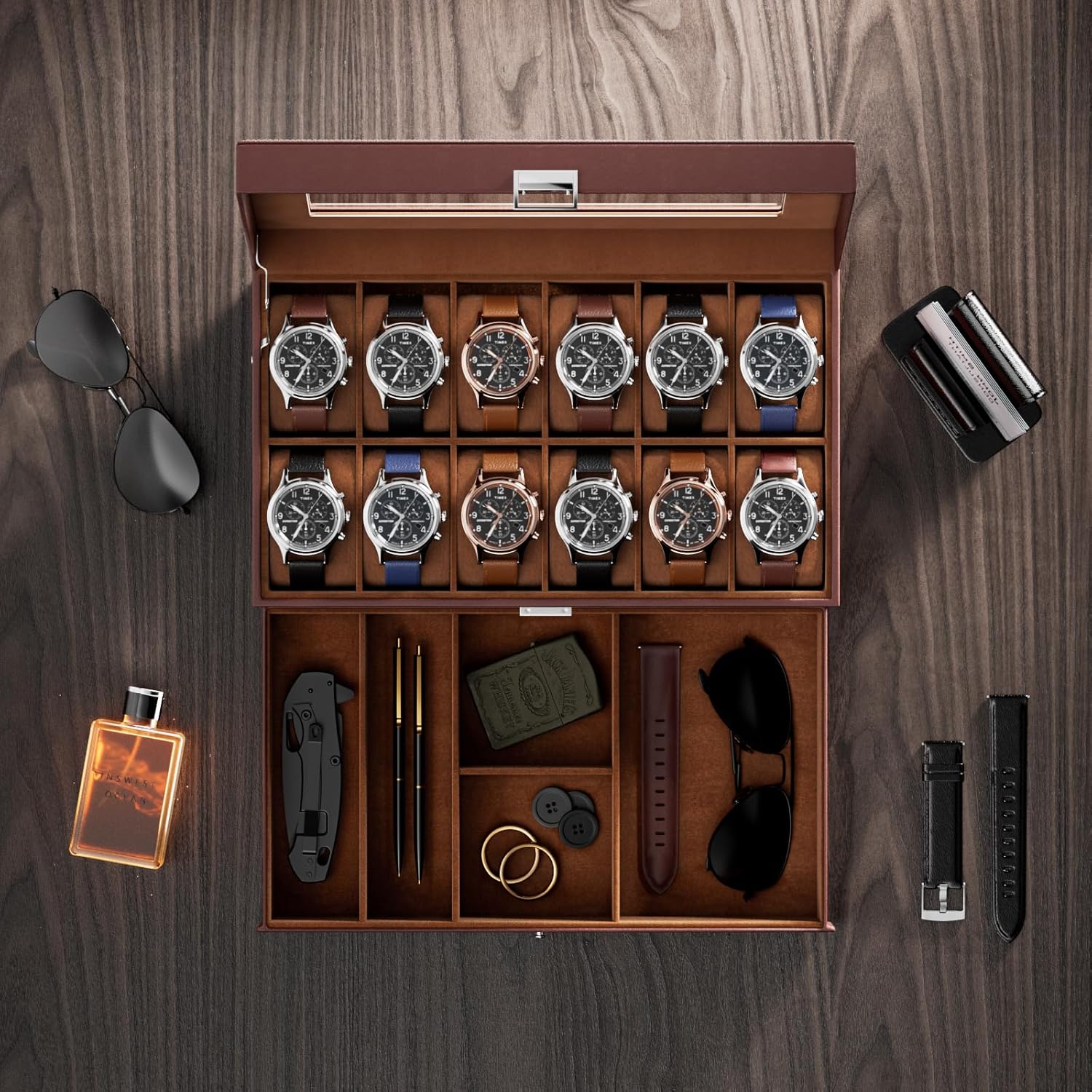 12 Slot Watch Box with Drawer, - Jewelry Watches For Men 评论和价格