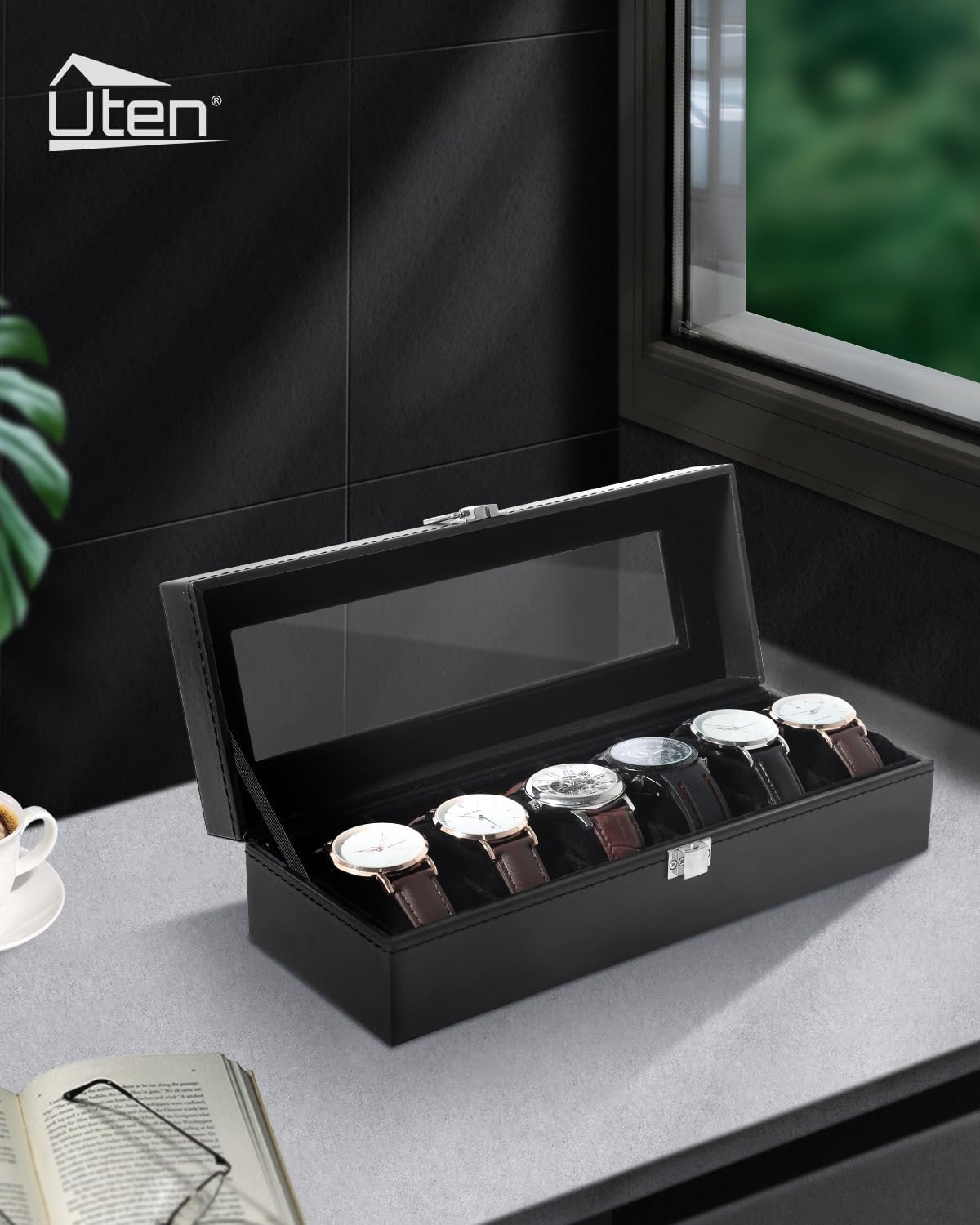 6 Slot Watch Box with Glass Li - Jewelry Watches For Men 评论和价格
