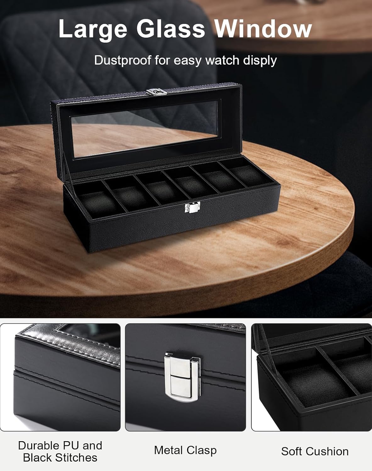 6 Slot Watch Box with Glass Li - Jewelry Watches For Men 评论和价格